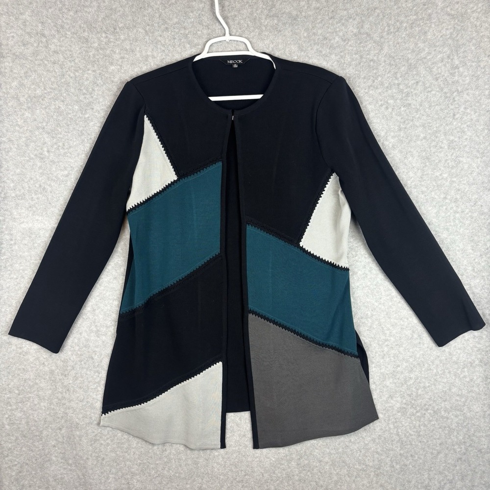 Misook Colorblock Whipstitch Knit Jacket Cardigan Sweater Sz Med Black Teal Gray